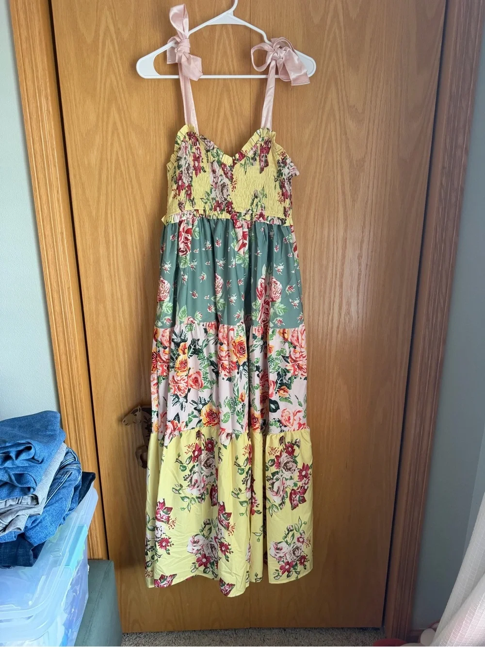Source Unknown Yellow Floral Sundress with Pink and Green Accents